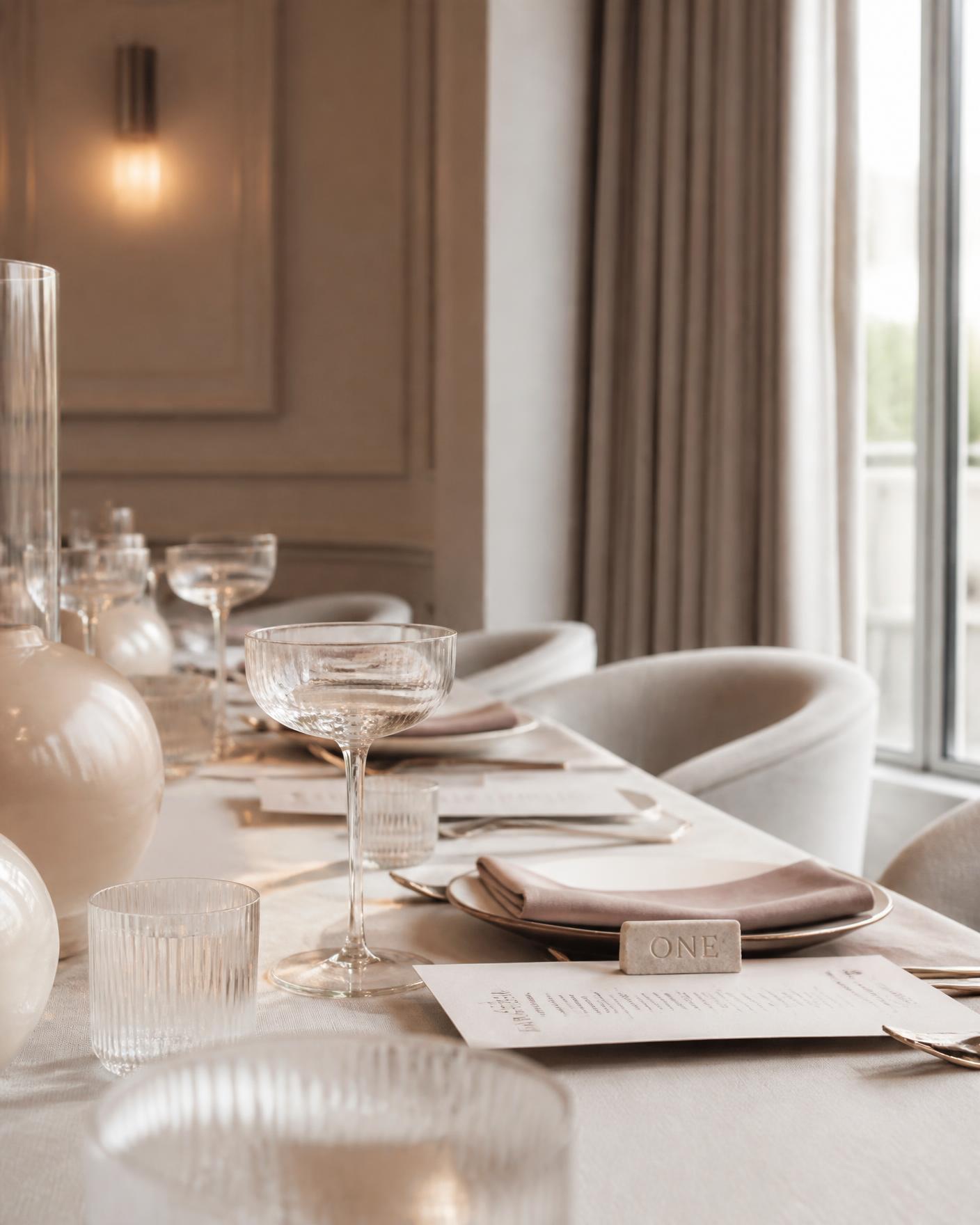Refined event table setting in warm white and blush tones with soft daylight